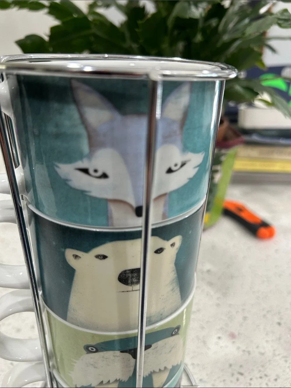 Pier 1 Set of Four Stacking Mugs and Rack - Whale Walrus Polar Bear and Fox